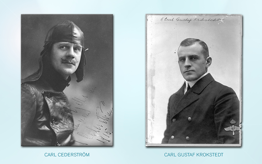 Tv&aring; portr&auml;tt ur arkivet, p&aring; det v&auml;nstra portr&auml;ttet syns Carl cederstr&ouml;m if&ouml;rd pilotm&ouml;ssa och pilotjacka. P&aring; det h&ouml;gra syns Carl Gustaf Krokstedt if&ouml;rd dubbelkn&auml;ppt kostym.